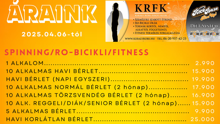 Árak: spinning, fitness, személyi edzés